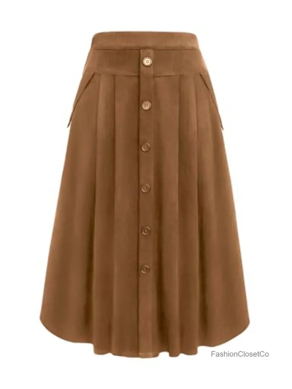 Women's Vintage Corduroy High Waist Button Midi Skirt A-Line Pleated with